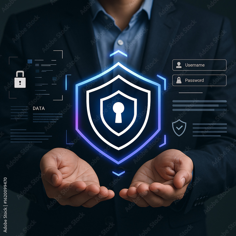 Aufkleber businessman holding a glowing virtual shield icon for cybersecurity. concept of data protection, int