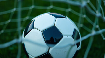 A soccer ball dramatically flying into a glowing green goal net at night.