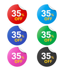 Collection of colorful round stickers with 35 off discount isolated on transparent background