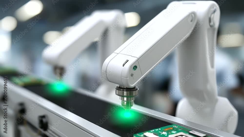 Aufkleber robotic arms precisely installing cpu boards in a sterile cleanroom setting.