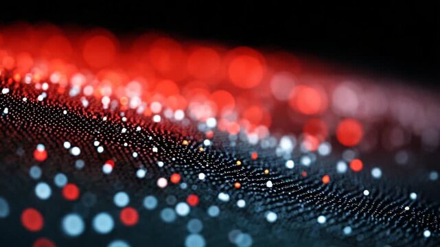 Abstract image showing a textured surface dotted with red and white bokeh against a black background, with a soft gradient