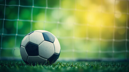 Obraz premium A dramatic soccer scene with a ball in front of the goal under spotlight.