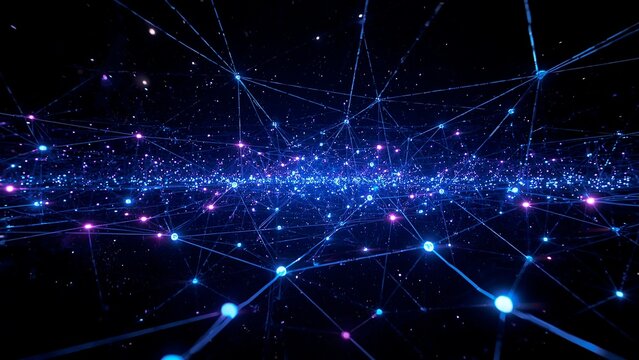 Futuristic digital neural network visualization glowing nodes interconnecting abstract high contrast without humans in dark sci tech environment