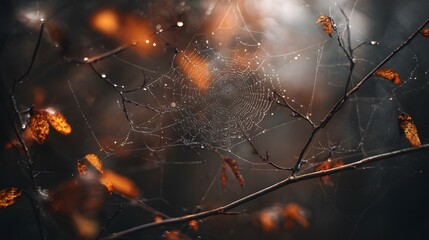 Macro view of a spider web stretched between thin branches covered with vibrant fall leaves