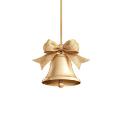 Golden Bell Adornment: A close-up capture of a gleaming golden bell, exquisitely adorned with a shimmering bow, suspended gracefully, radiates festive cheer.