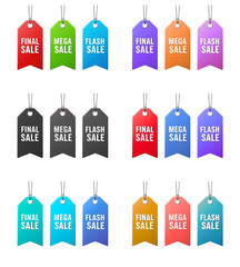 Collection of colorful sale tags and labels isolated on transparent background