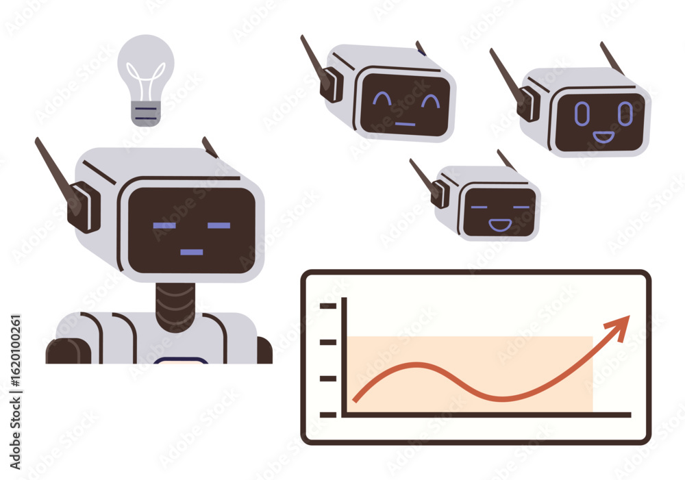 Poster robot with expressive faces, lightbulb symbolizing ideas, and a chart with upward movement. ideal fo