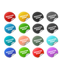 Set of colorful register now starburst stickers isolated on transparent background