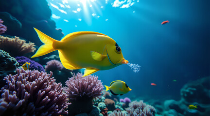 Sunbeams highlight a yellow tang near corals, with bubbles and cleaner fish adding natural motion.