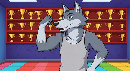 Victorious champion muscle wolf cartoon flexing a powerful bicep in front of a trophy wall, showcasing athletic strength and success.