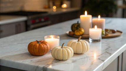 Cozy autumn scene featuring decorative pumpkins on marble countertop, complemented by flickering candles that create warm and inviting atmosphere