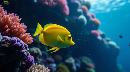 Bubbles trail behind a vivid tang as it glides past electric coral fans and sponges.
