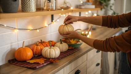 Arranging mini pumpkins on wooden countertop creates warm and inviting autumn atmosphere. soft glow of fairy lights enhances cozy feel, perfect for seasonal decor