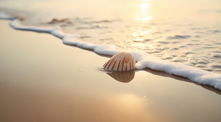Bright wet sand reflecting soft sky tones and driftwood shapes. Textured surface with natural elegance.