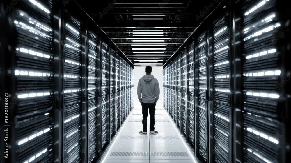 Poster futuristic data center aisle with illuminated server racks showcasing advanced computer network tech