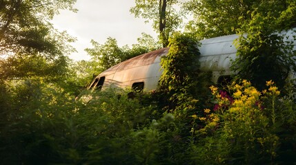 An abandoned aircraft fuselage in vibrant green vines and wildflowers