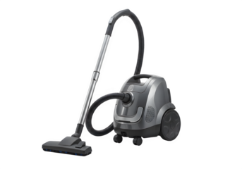 A canister vacuum cleaner with hose and wand isolated on white or transparent background. PNG