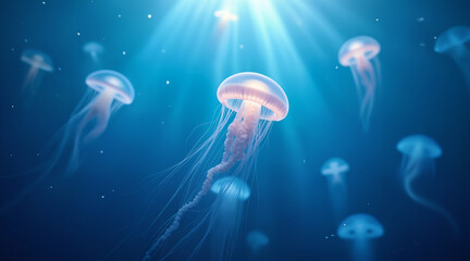 Dreamy underwater scene of glowing jellyfish surrounded by floating particles and light.
