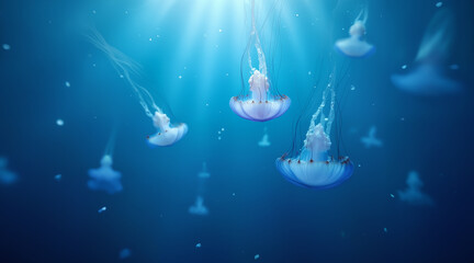 Elegant jellyfish with flowing tentacles move calmly through serene, glowing ocean depths.