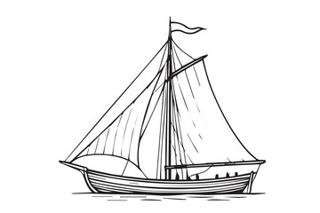 A stylized vector of a Pinisi sailing vessel, rendered in black and white with black outlines, symbolizing traditional culture, exploration, and oceanic adventure.