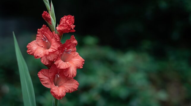 Vibrant Red Flower Blossoms with Water Drops Against a Soft Green Background