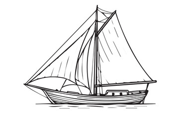 Vector artwork featuring a traditional Pinisi sailing ship in black and white, outlined in strong black lines, perfect for cultural designs or nautical themed visuals.