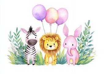 Adorable Watercolor Illustration of a Zebra, Lion, and Bunny with Balloons