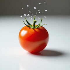Illustration of fresh red tomato with water droplets on a white surface in studio shot
