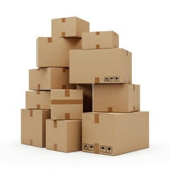 Stacked Cardboard Boxes for Shipping and Storage on White Background