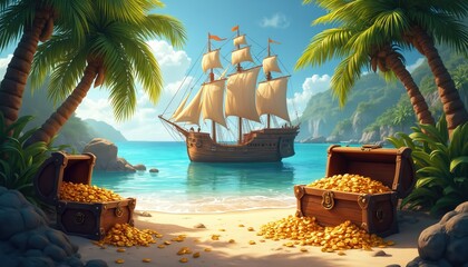 Fototapeta premium Pirate galleon anchored near tropical island beach. Open treasure chest overflows with gold coins. Palm trees frame idyllic scene. Clear turquoise water reveals sandy seabed and hidden riches.