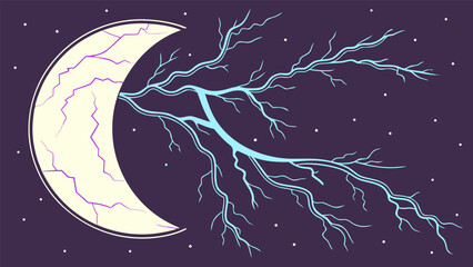 Mystical crescent moon with branching lightning against a starry night sky