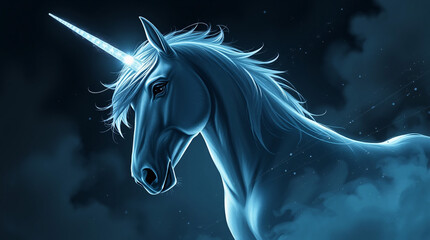 A glowing blue unicorn under a starry night sky, evoking a magical atmosphere.