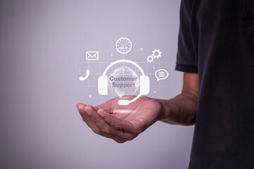 Customer support or customer care concept. Man showing virtual 24-7 support services.