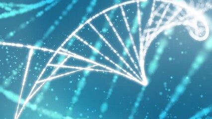 Animation of rotating DNA glowing molecule on blue background. Abstract digital rotating dna molecule on futuristic shiny copy space background.