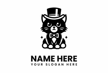 Adorable Cat in Top Hat and Bowtie Sitting Upright Logo Design.