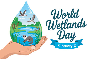 Hand holding water droplet with otter, birds and cattails for World Wetlands Day nature conservation