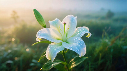 Fototapeta premium Fresh Morning Dew Lily Flower Blooming in a Green Field