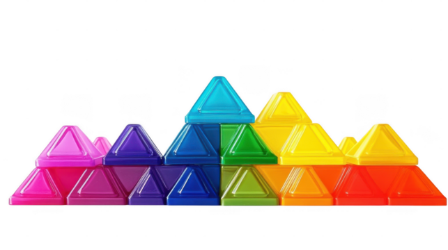 A vibrant arrangement of triangular building blocks in various colors creates a playful pyramid structure on a surface