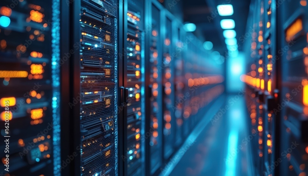 Poster server racks with glowing orange, blue lights in modern data center. technology infrastructure, netw