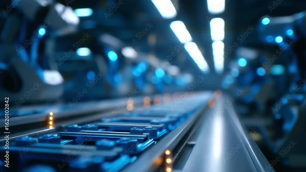 Aufkleber robots assembling battery components in a futuristic cyber factory aisle.
