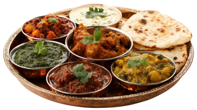 Traditional thali plate with assorted Indian curries spinach dish chickpea curry chicken curry naan bread and yogurt sauce garnished with fresh cilantro vibrant and appetizing - Powered by Adobe
