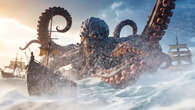 Kraken attacking sailing ships in stormy sea