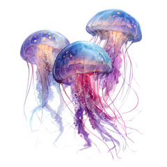 Three vividly colored jellyfish with long tentacles floating gracefully in deep blue and pink hues isolated on transparent background