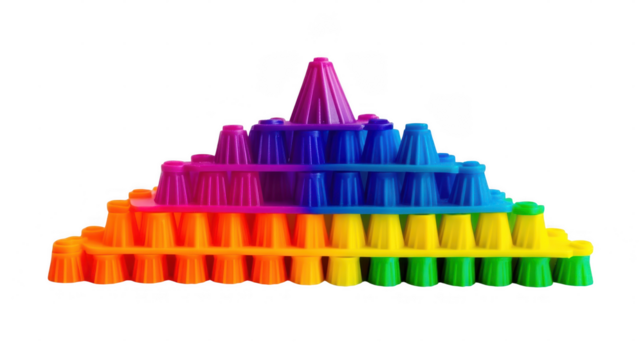 Stacking cups arranged in a vibrant pyramid pattern, showcasing a playful activity in a bright setting