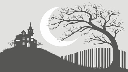 Fototapeta premium Spooky silhouette of a haunted house and bare tree under a crescent moon on a hilltop with a barcode fence