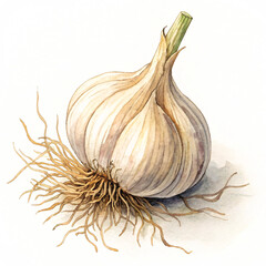 Watercolor illustration of fresh garlic bulb with visible roots and stem painted in realistic detail for culinary art and food design