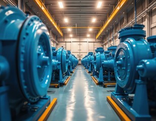 Fototapeta premium Modern hydroelectric power station interior row of large blue turbines, generators. Advanced machinery operates within clean, well-lit industrial facility. Scene represents powerful energy