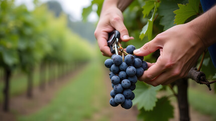 Obraz premium Hands holding a bunch of ripe, dark grapes in a vineyard. Harvesting grapes.