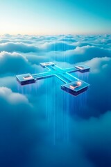 Modular AI infrastructure units linking via glowing digital bridges in a floating aerial network system with no human interface
