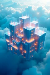Modular AI infrastructure units linking via glowing digital bridges in a floating aerial network system with no human interface